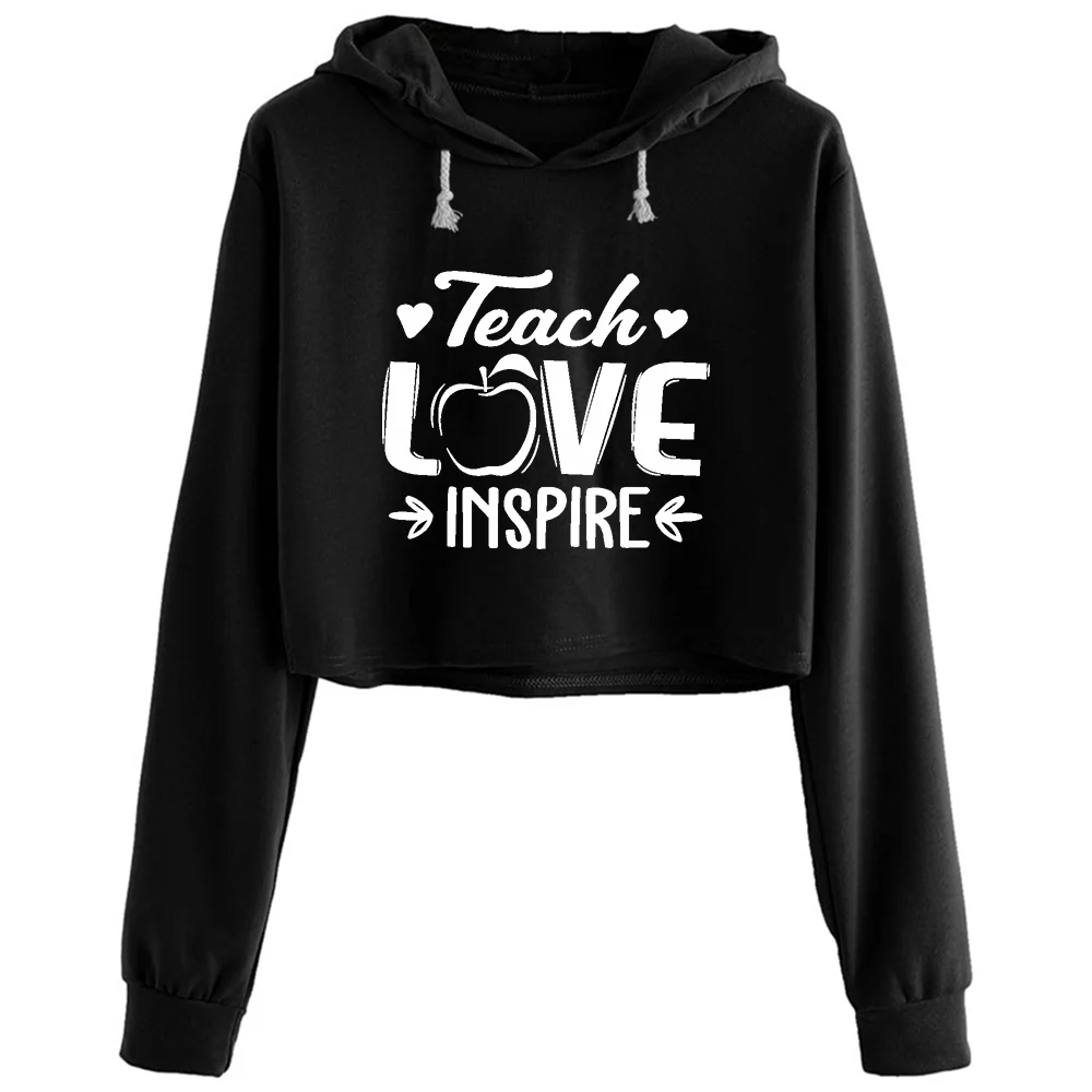 

Teach Love Inspire Crop Hoodies Women Korean Y2k Kawaii Goth Pullover For Girls