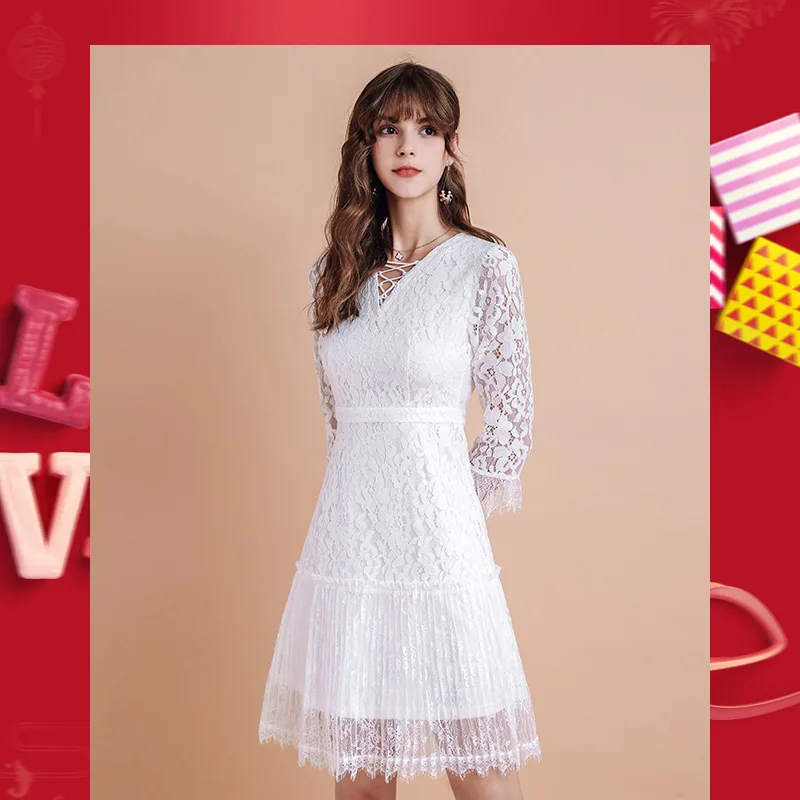 

White dress 2020 spring new boutique women's seven sleeve temperament lady lace pleated 63333