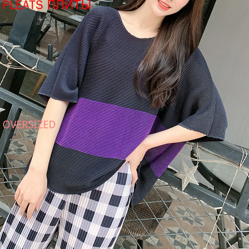 

Miyake плиссированный топ для женщин с коротким рукавом темперамент свободные и тонкие женские Весна и лето 2021 новый пуловер рубашка