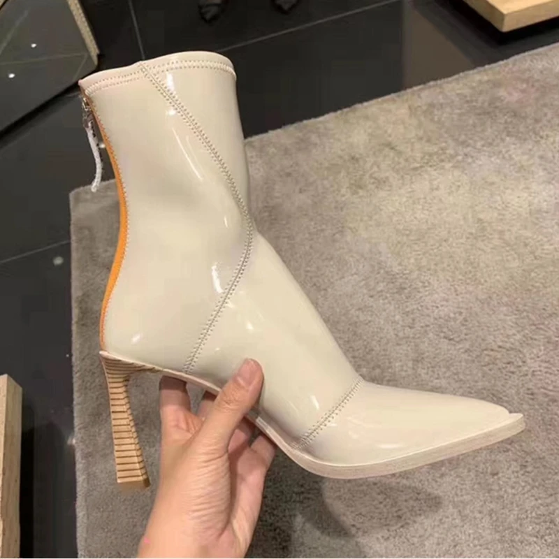 Женские ботильоны из натуральной кожи на высоком каблуке с острым носком|Женские