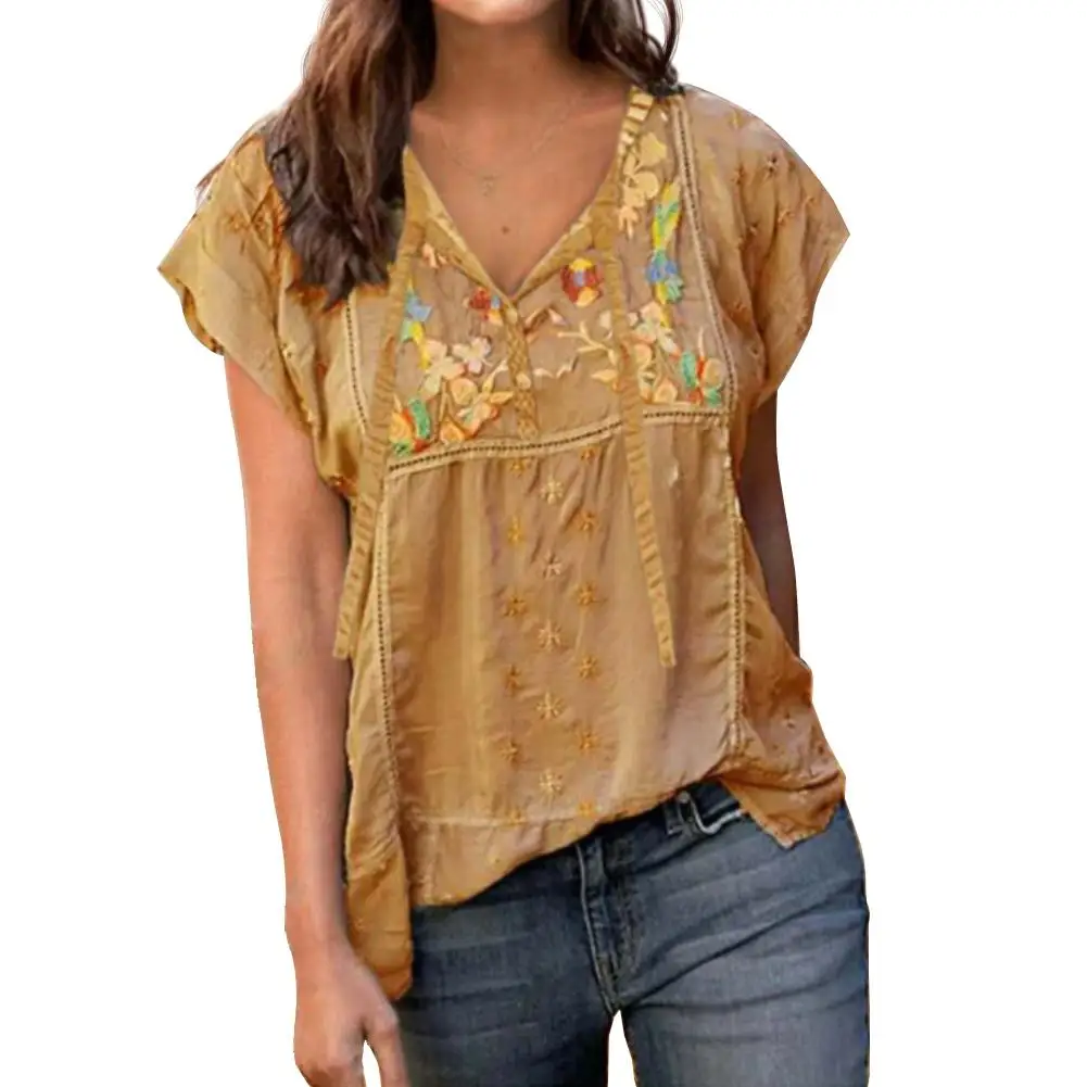 

Женский однотонный пуловер в стиле бохо с коротким рукавом и V-образным вырезом, свободная футболка с вышивкой и узорами в стиле бохо