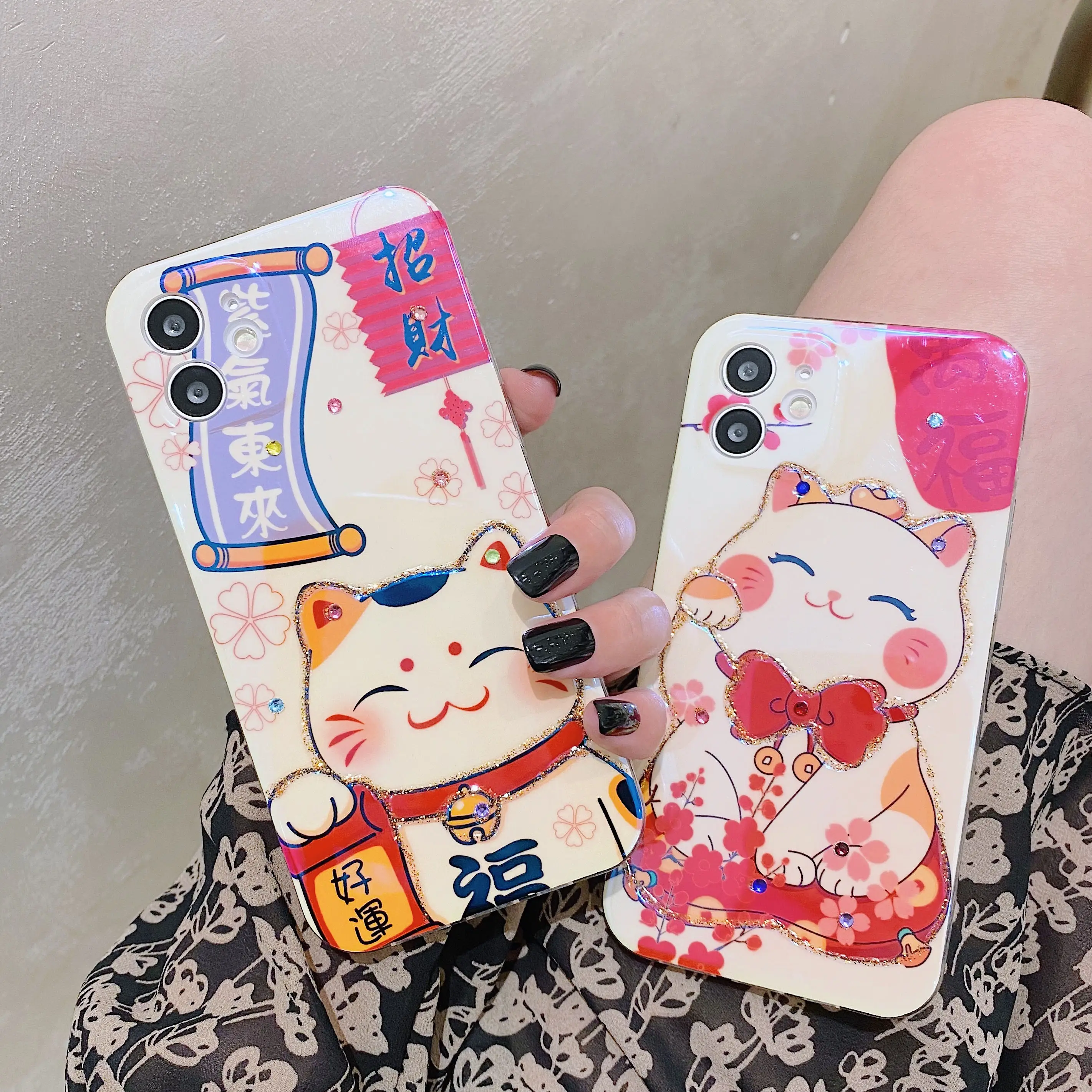 

Good Luck Lucky Cat Case For iPhone 13 11 12 Pro Max IMD Epoxy Soft Shell 7 8 Plus XS XR X Couple Mobile Phone Cover