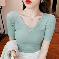 camiseta tees short sleeve slim t shirt women v neck basic elastic woman t shirts 2022 summer top front and back wearing clothes