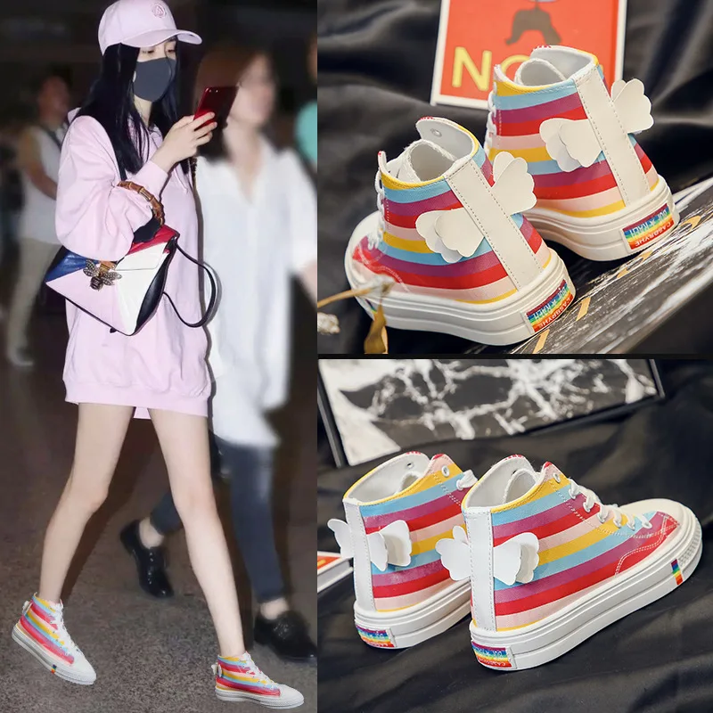 Кроссовки женские на платформе массивные с рисунком ангела модная обувь радуги