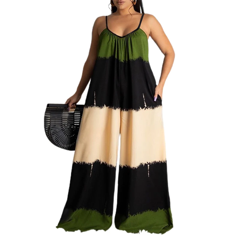 

Fashion Women Loose Fit Jumpsuits Overalls Summer WearColor Block Wide-leg Thin Strap Jumpsuit