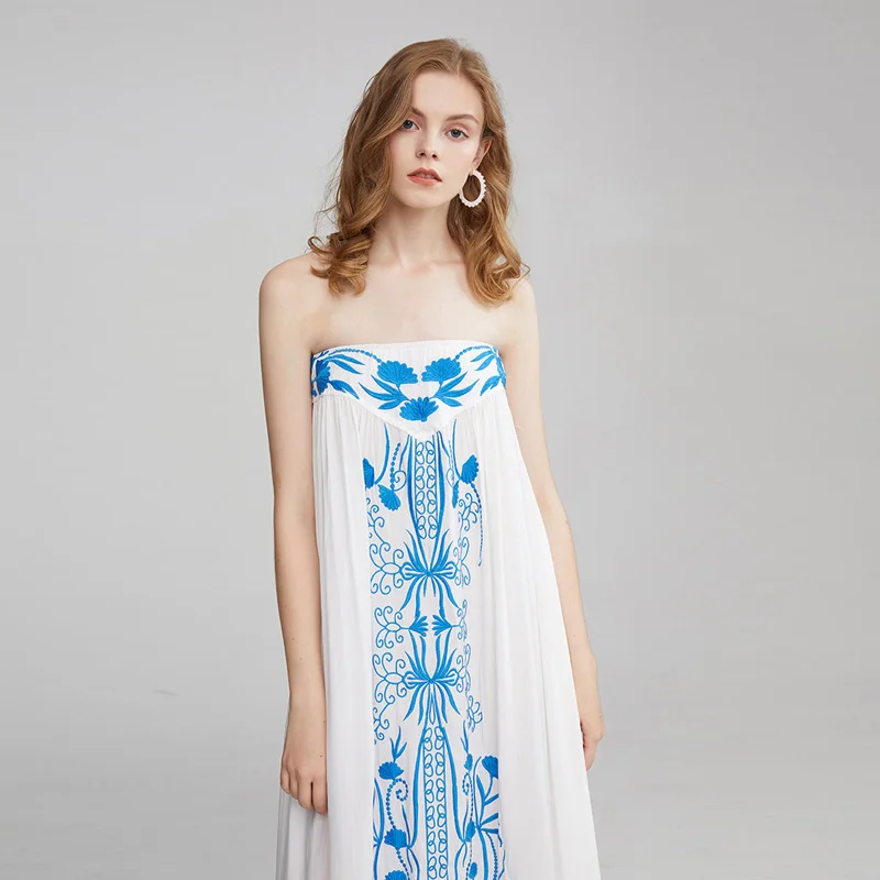 

New summer holiday Bohemian beach dress blue and white porcelain embroidered one-word collar wrap chest long dress