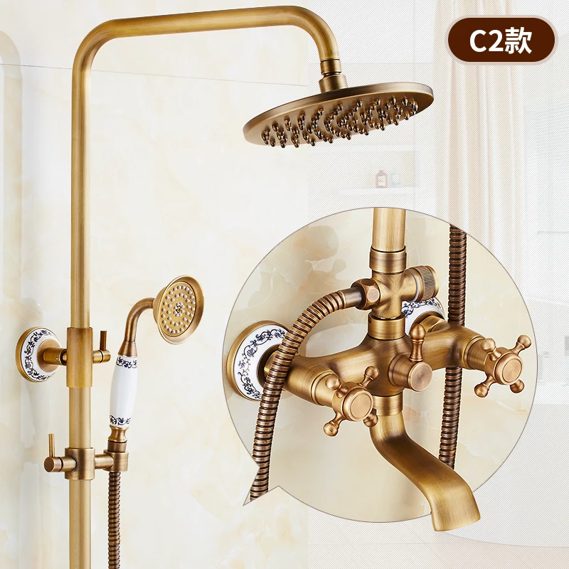 zgrk antique rain shower faucets set with hand wall mounted brass shower mixer for bathroom bath rainfall shower set free global shipping