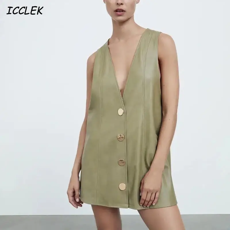 

Women's Dress PU Vintage Vest Dress Fashion Autumn V-Neck Sleeveless Dresses Female Chic 2021Pu Winter Clother Women Slim Vest