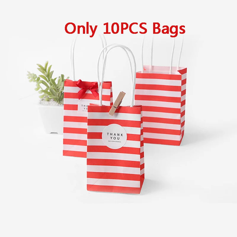 10 pcs red 10 шт. бумажный подарочный пакет в полоску, упаковка для конфет, печенья, подарок, подарочная упаковка, крафт-бумага, Бонбоньерки для свадебной вечеринки, сумки для сладостей - Цвет: 10 pcs red