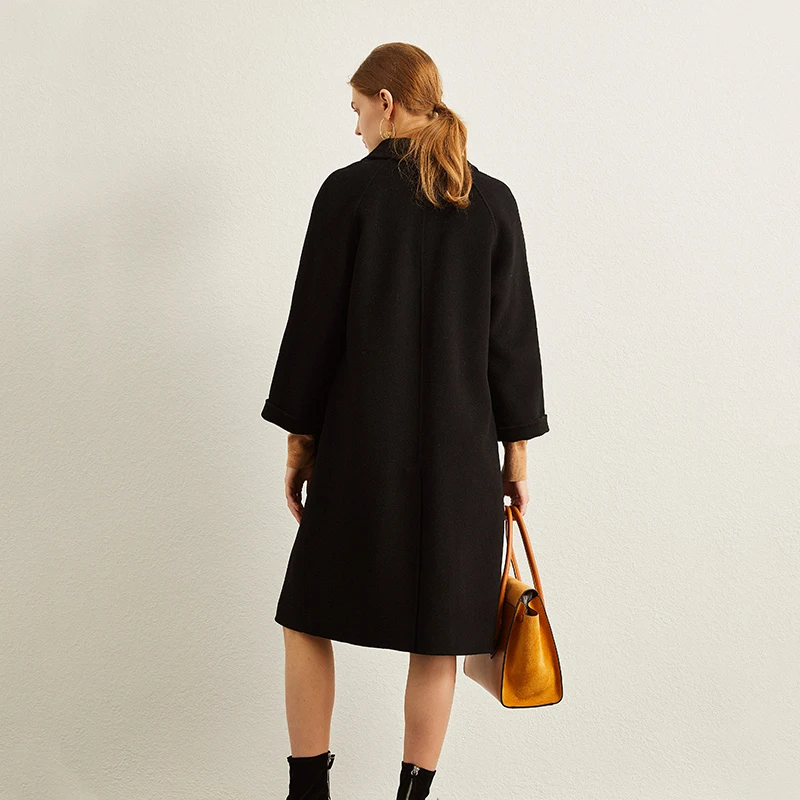 

2020 Spring high quality elegant women black coat without liner Winter woolen coat women's medium long loose 100% cashmere coat