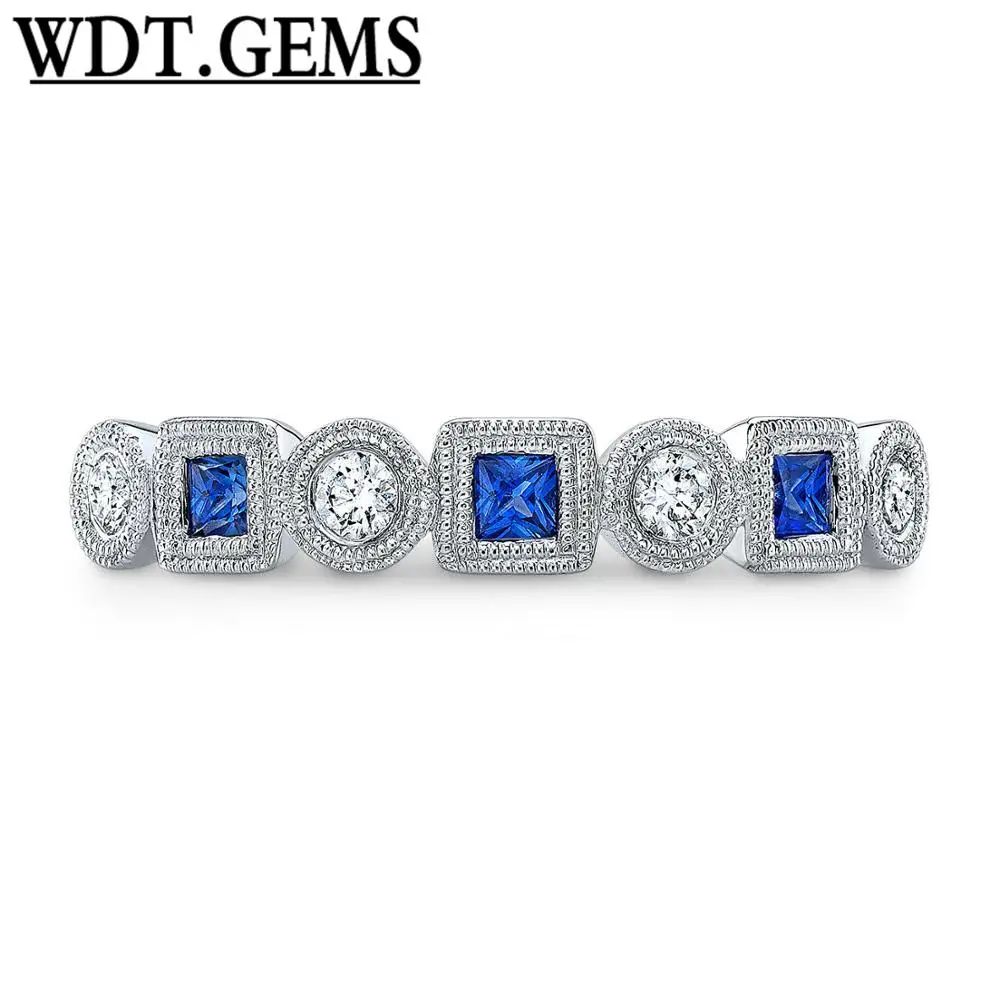 

10k White Gold Princess Blue Sapphire Diamond Bezel Alternating Band Ring Beaded