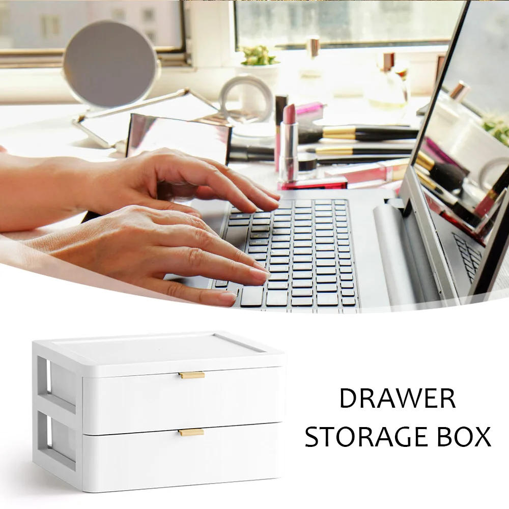 

Drawer Storage Box 2 Tier Cosmetic Stationery Organizer Multifuncation Desktop Plastic Dustproof Storage Container for Home
