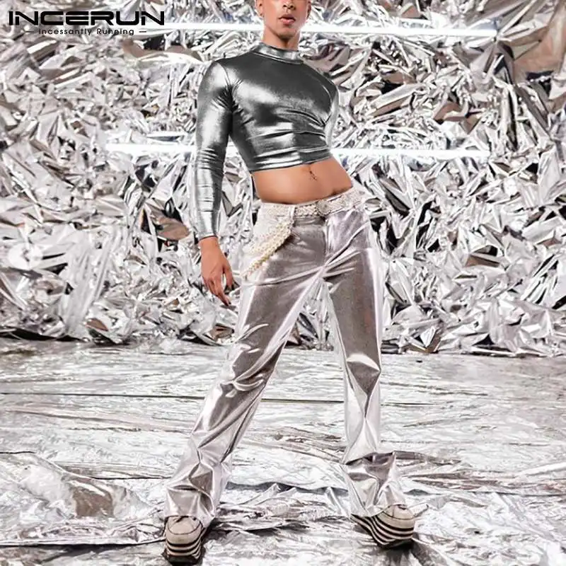 

INCERUN Men's Stylish Long Sleeve Crop Tops 2023 Silver Leather Clubwear American Style Sexy Leisure Laser Fashion T-shirt S-5XL