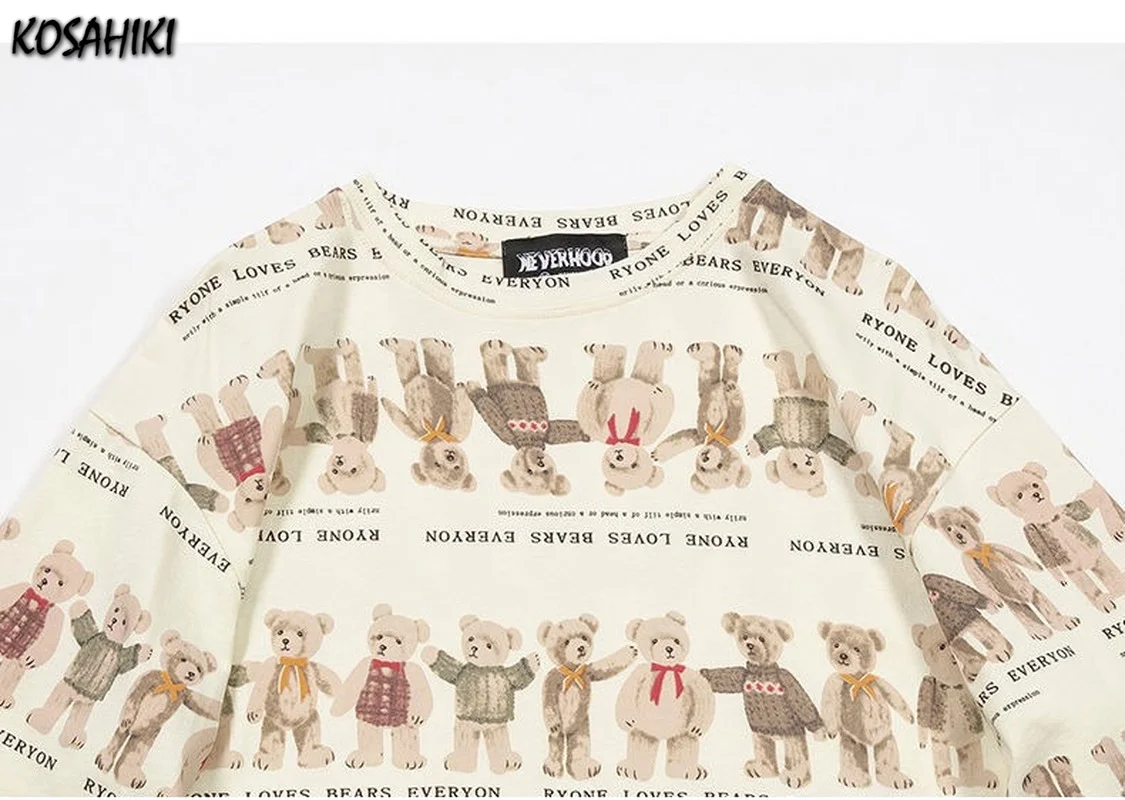 

KOSAHIKI Bear Print T-shirt Women Harajuku Loose Streetwear Japanese Style Ins Oversized Tops T Shirts 2021 Summer Fashion