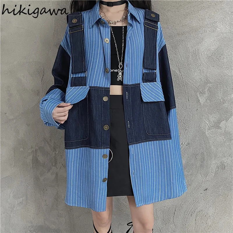 

Hikigawa Womens Blusas Turn-down Collar Long Sleeve Shirt Korean Harajuku Blue Denim Patchwork Oversized Tops Loose BF Jacket