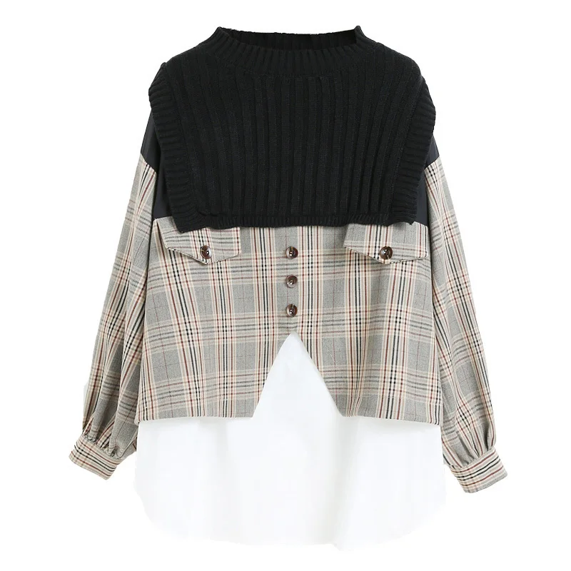 

Women Plaid Knitting Contrast Color Big Size Blouse New Round Neck Long Sleeve Shirt Fashion Autumn Wnter 2021 AF407