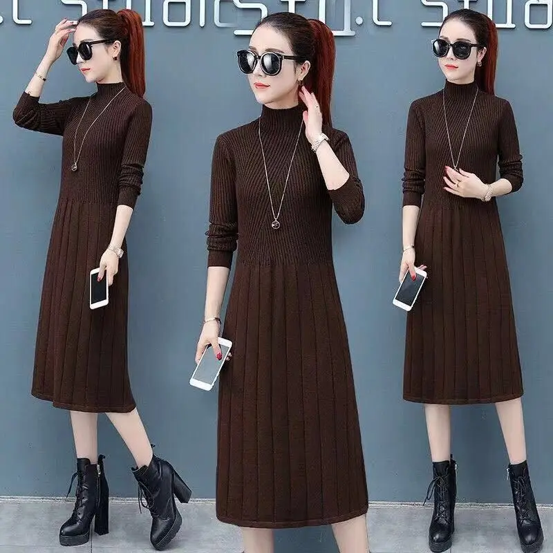 

Turtleneck Knitted Sweater Party Bodycon Dress 2021 Short Shirt Autumn Winter Slim Middle Long Bottom Dresses For Women Casual