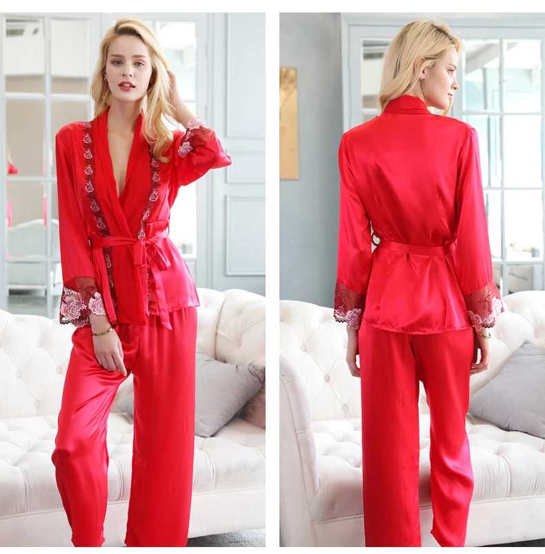 100% Real Silk 2 pcs Pyjamas Luxury Pajamas Women Sexy Lace Kimono Robe & Pants Mulberry Silk homewear Sleepwear Pijama Mujer