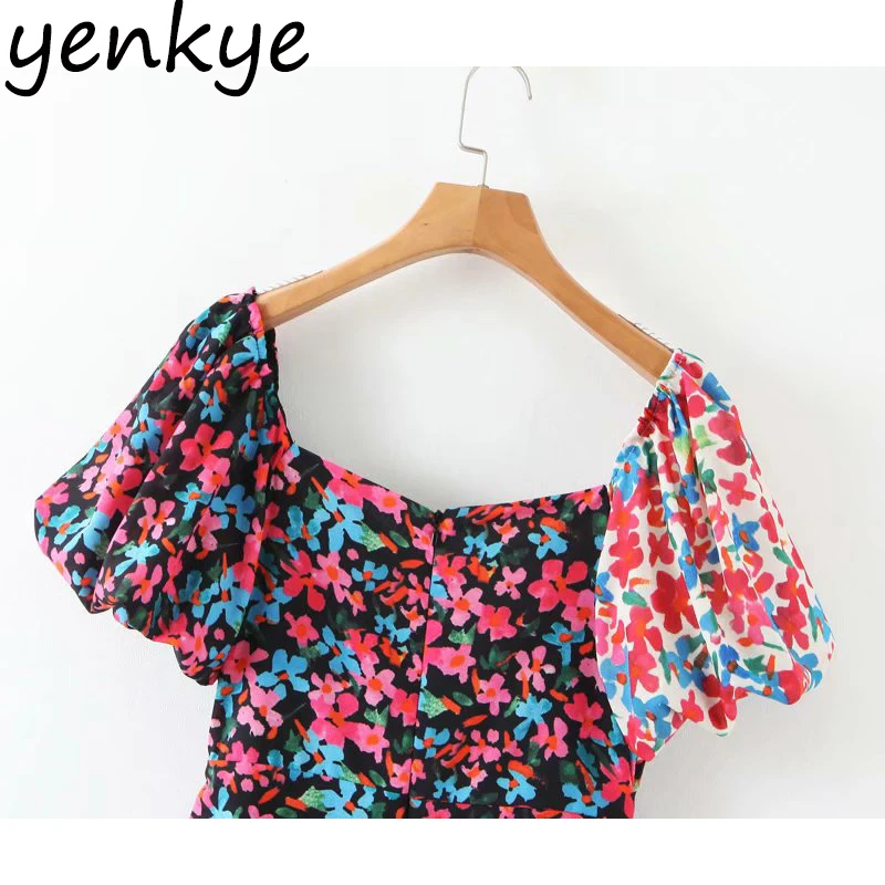 

Summer Dress 2020 Women Vintage Patchwork Floral Print Draped Bodycon Mini Dress Lady V Neck Puff Sleeve Sexy Chiffon Dress