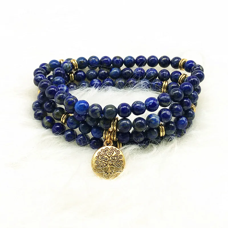 

74 CM Women Charm Bracelets 6 MM Nature Lapis Stone Pendant Necklace Good Quality Gold Charm Tree Pendant Golden Color