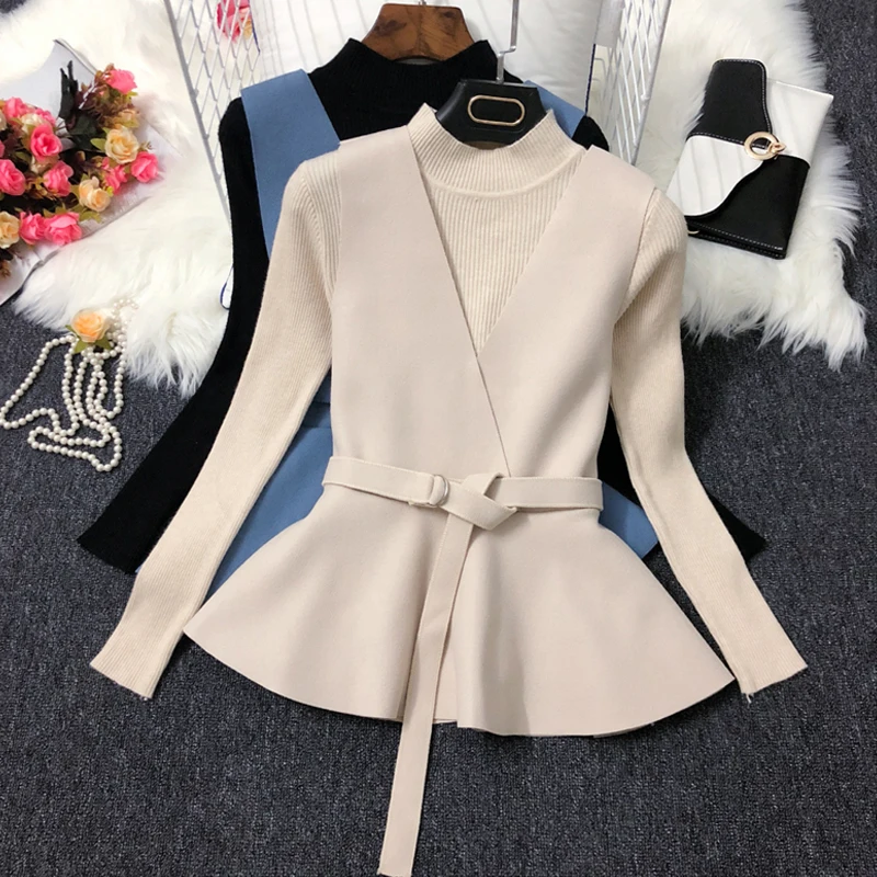 ALPHALMODA осень НОВАЯ Трикотажная нижняя рубашка+ жилет модный костюм из двух частей женский жилет с v-образным вырезом и поясом+ свитер с длинными рукавами