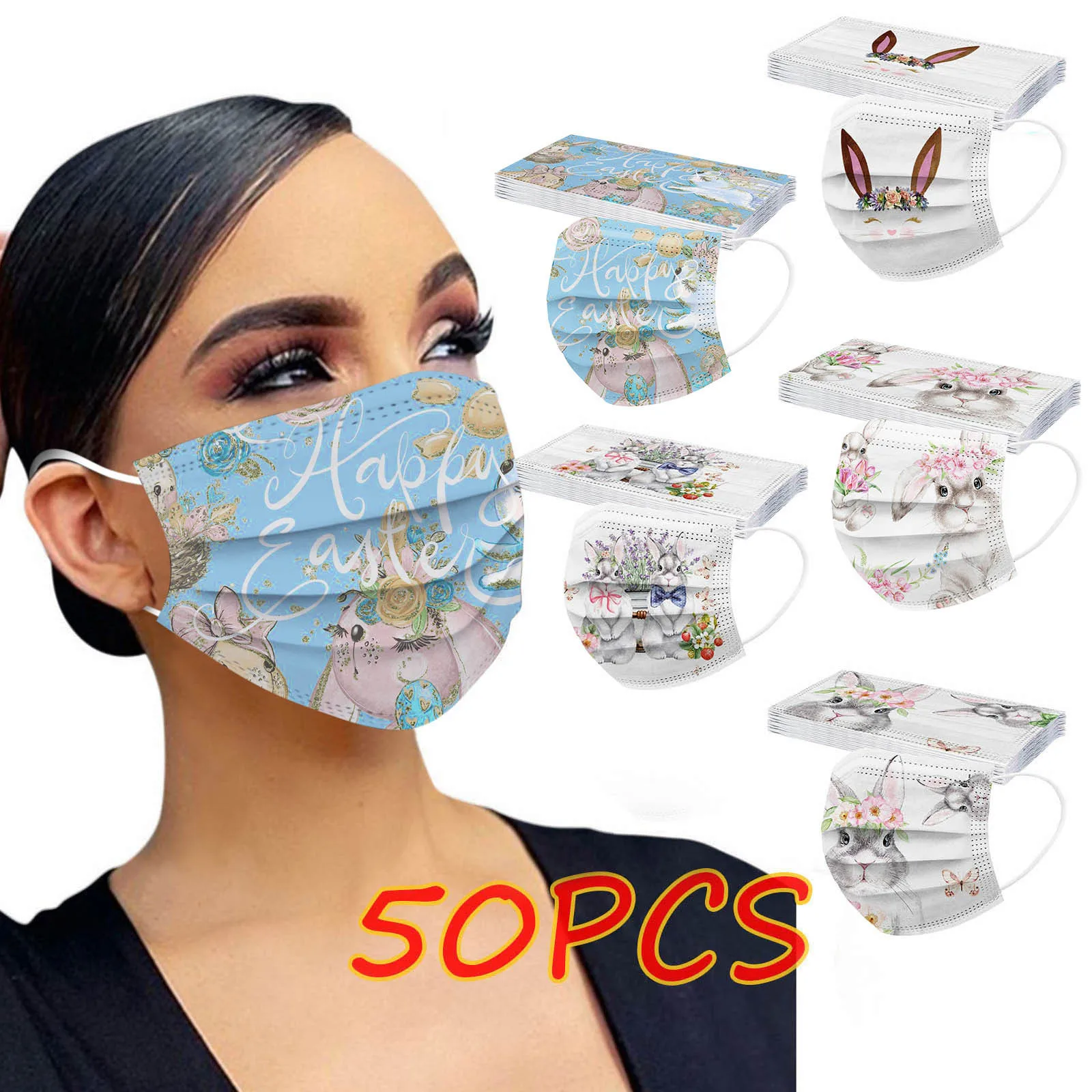 

50pc Protective Mask Men Women 3ply Non Woven Filter Mouth Face Mask Fashion Rabbit Print Dust Proof Adult Mouth Masks#fs
