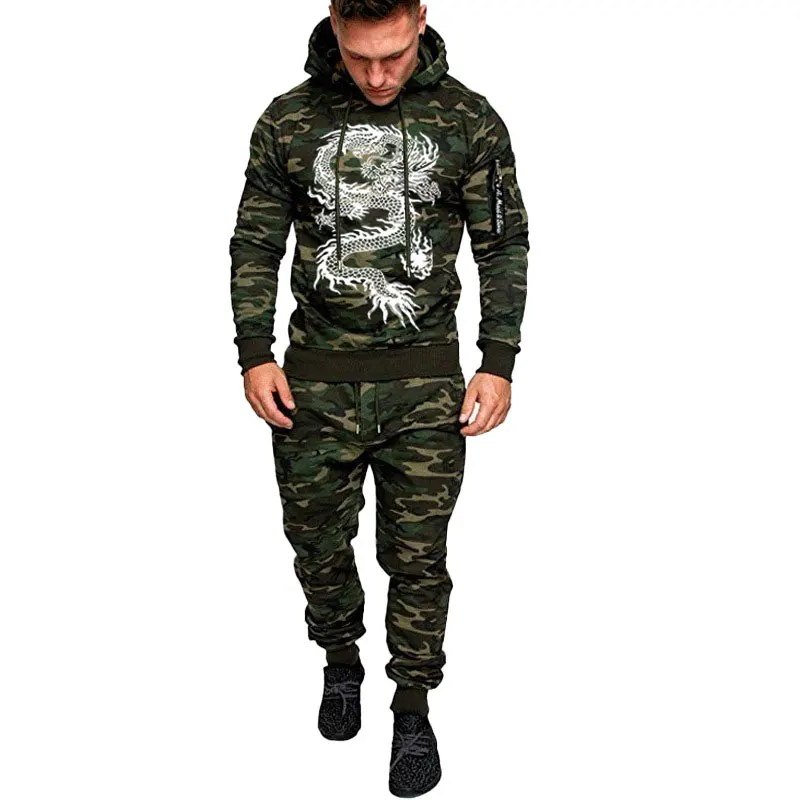 Men Tracksuit 2Piece Set Camouflage Dragon Printing Hoodies and Sweatpants Streetwear Fashion Casual Jogging Male Suit Plus Size images - 6