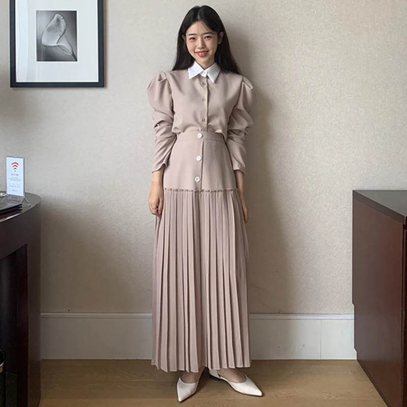 

Frecn style vinatge hit color stitching puff sleeve lapel shirt+high wasit pleated skirt two piece sets women