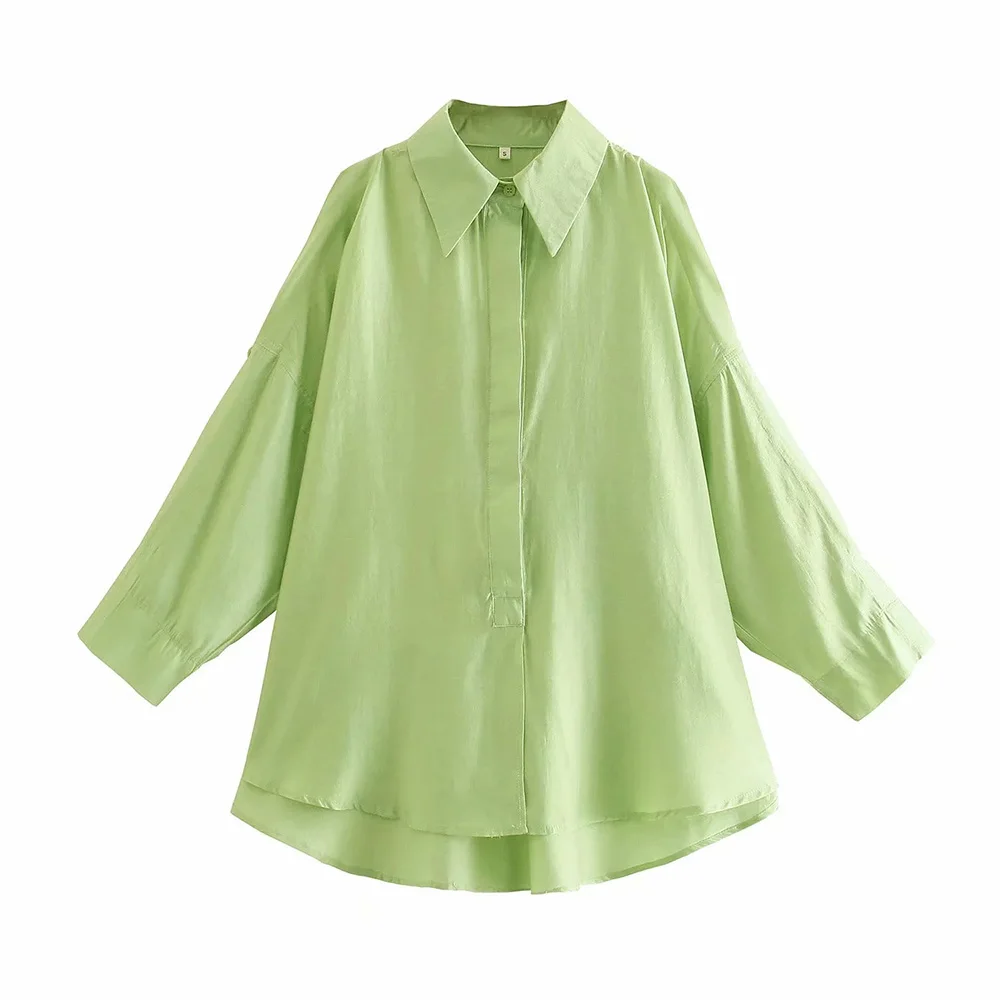 

xikom 2021 Summer Women Green TurnDown Collar Single Breasted Oversize Shirt Female casual streetwear Ladies Top