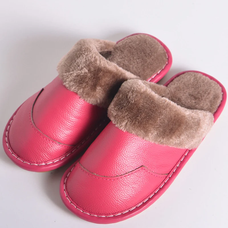 Мужские зимние кожаные тапочки домашние Нескользящие мужские теплые хлопковые