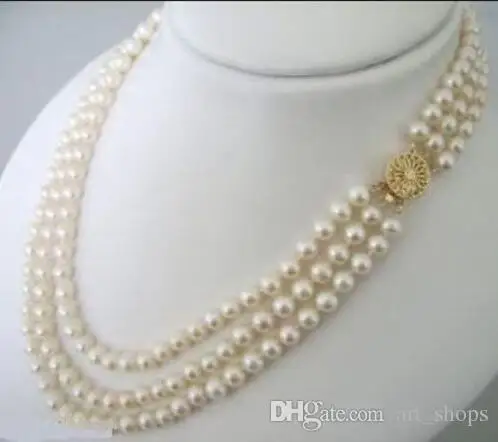 

3 Rows 7-8mm White Akoya Cultured Pearls Necklace
