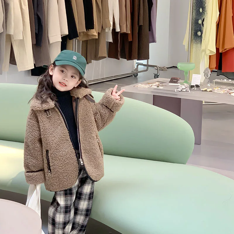 

Новинка 2021, зимняя детская одежда, корейское замшевое пальто из овечьей шерсти для девочек, зимняя верхняя одежда 2-345