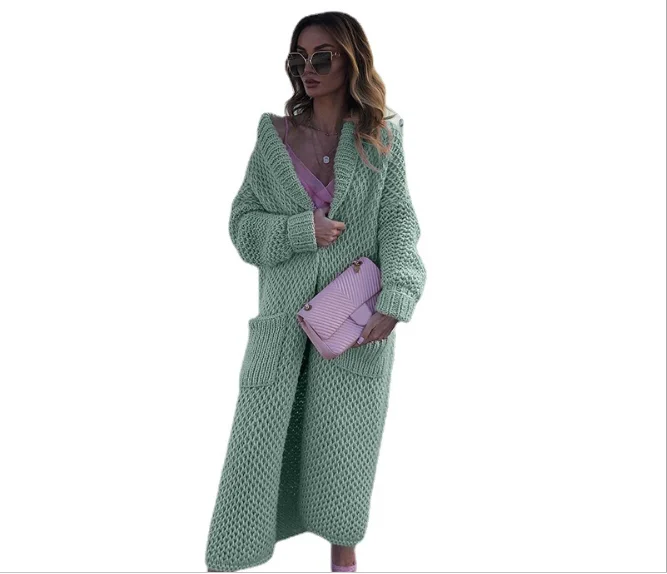 

Winter European and American women's lapel knitted cardigan solid color long plus size women's knitted cardigan sweater