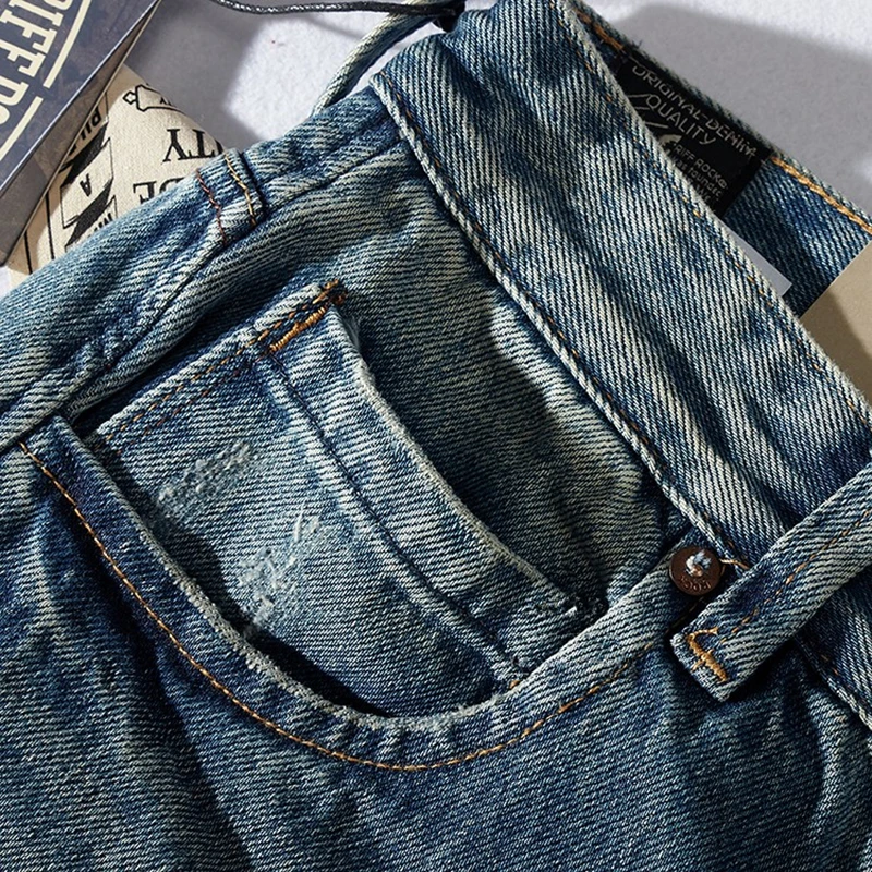 Vintage Jeans Men 's American Casual 3D Fit Stand Cut Distressed Straight -Leg Trousers