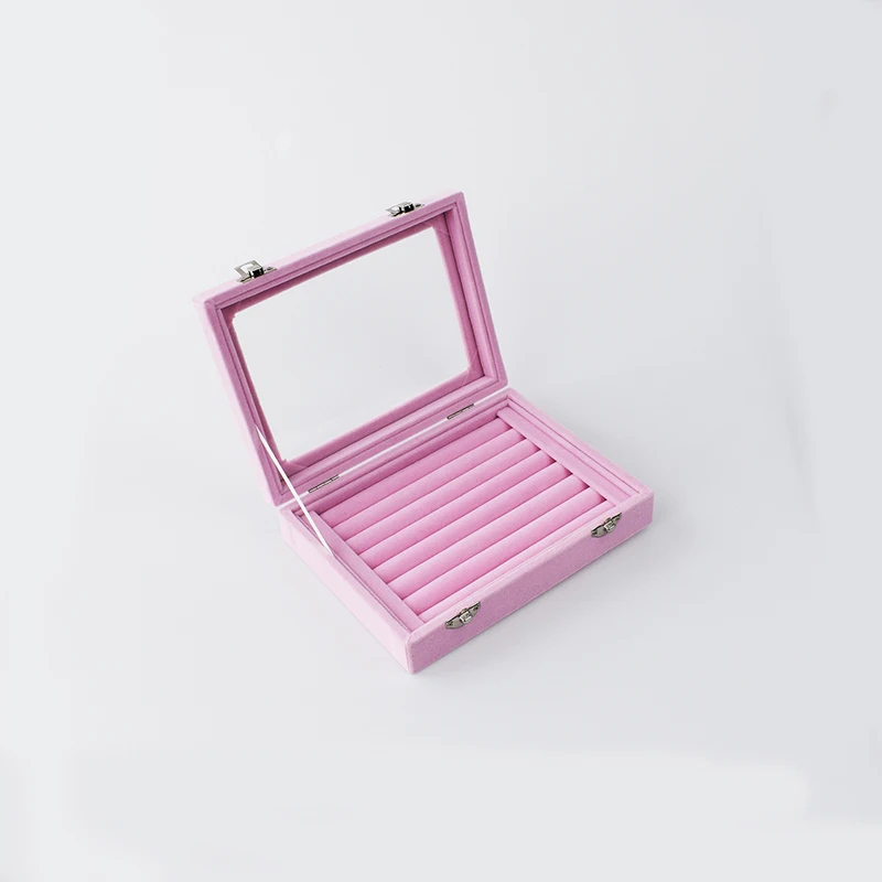 Pink SZanbana, 8 видов цветов, 7 слотов, бархатное кольцо, коробка, органайзер для сережек, ювелирный лоток, запонки для хранения и шоу, чехол с прозрачной стеклянной крышкой - Цвет: Pink