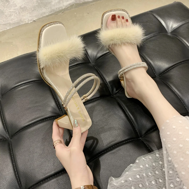 

Slippers Casual Female Shoes Square heel Glitter Slides Med Flock Women Heels Luxury 2021 Block Jelly Soft High Summer Rome PU C