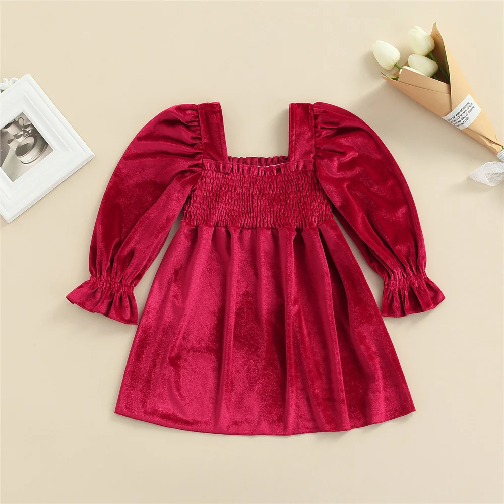 

2-7 Years Toddler Baby Girl Velvet Princess Dress Kids Long Sleeve Solid Color High Waist Loose Frill Smocked A-Line Dress Red