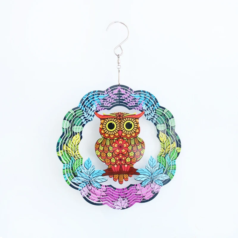 

3D Stainless Steel Wind Spinner With Colorful Owl Pattern 360° Rotating Hook Wind Spinners For Yard Garden Hanging Art Decor
