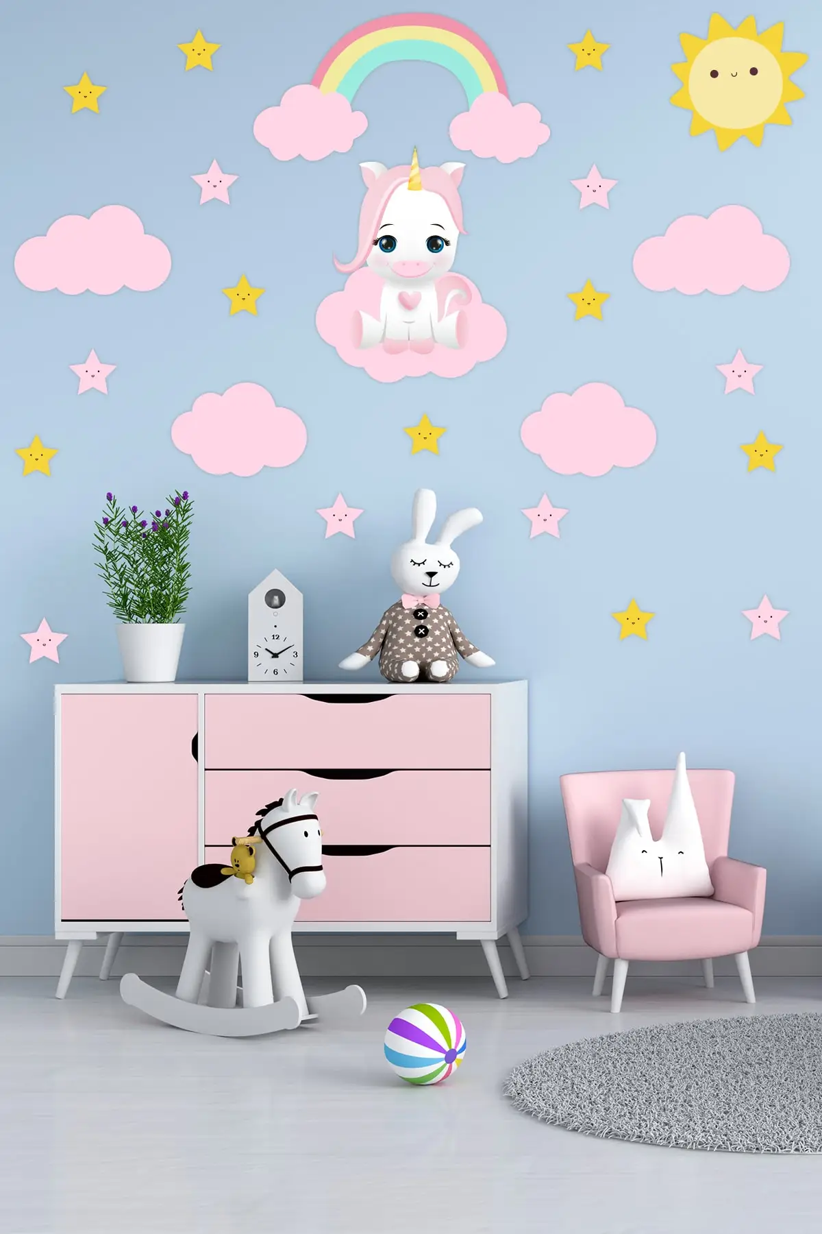 

New Fashion Pink Cute Unicorn 2 Stars Pink Clouds Kids Room Sticker Suitable for All Surfaces Free and Fast Shipping