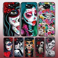 for xiaomi poco x3 nfc gt m3 m2 x2 f3 f2 pro c3 f1 mi play mix 3 a2 a1 6x 5x phone case catrinas and skull black cover