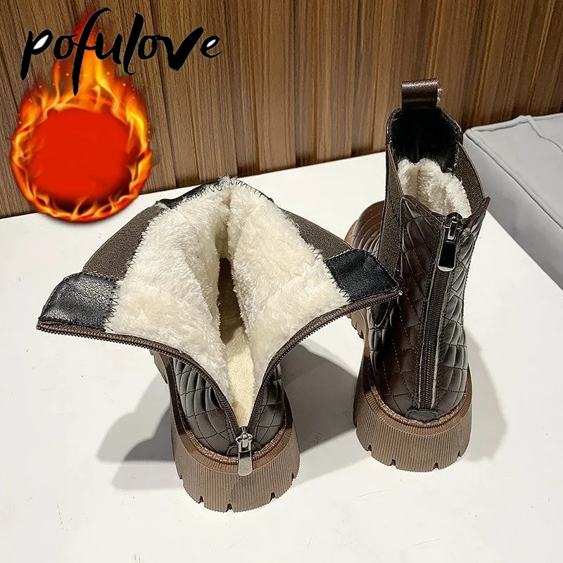 

Pofulove Winter Fur Boots Women Chelsea Boots Flat Shoes Leather Ankle Booties Platform Chunky Boots Gothic Shoes Black Botas