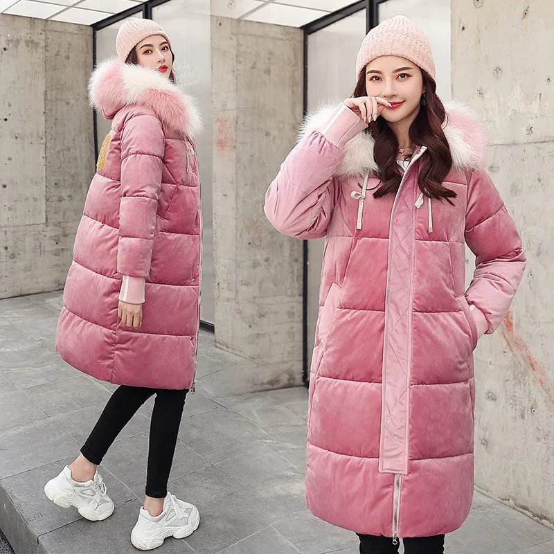 Зимняя розовая бархатная парка с хлопковой подкладкой женская утепленная куртка