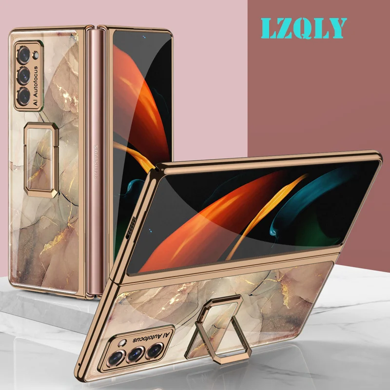 

Чехол для Samsung Galaxy Z Fold 3 2, мраморный стеклянный чехол, рамка с покрытием и кольцом на палец, жесткий стеклянный чехол для Galaxy Z Fold 2 5G