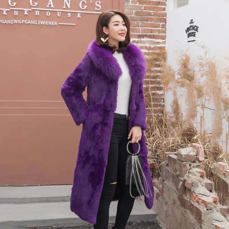 

Women Real Rabbit Fur Long Coat Thick Warm Overcoat Natural Fox Fur Collar Coats Belted Slim Fit Real Fur Jacket Outwear