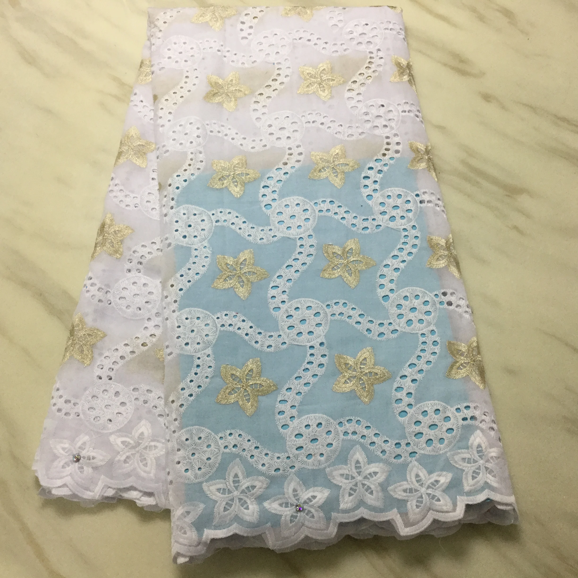 Модная 100% хлопковая африканская кружевная ткань высокого качества золотисто