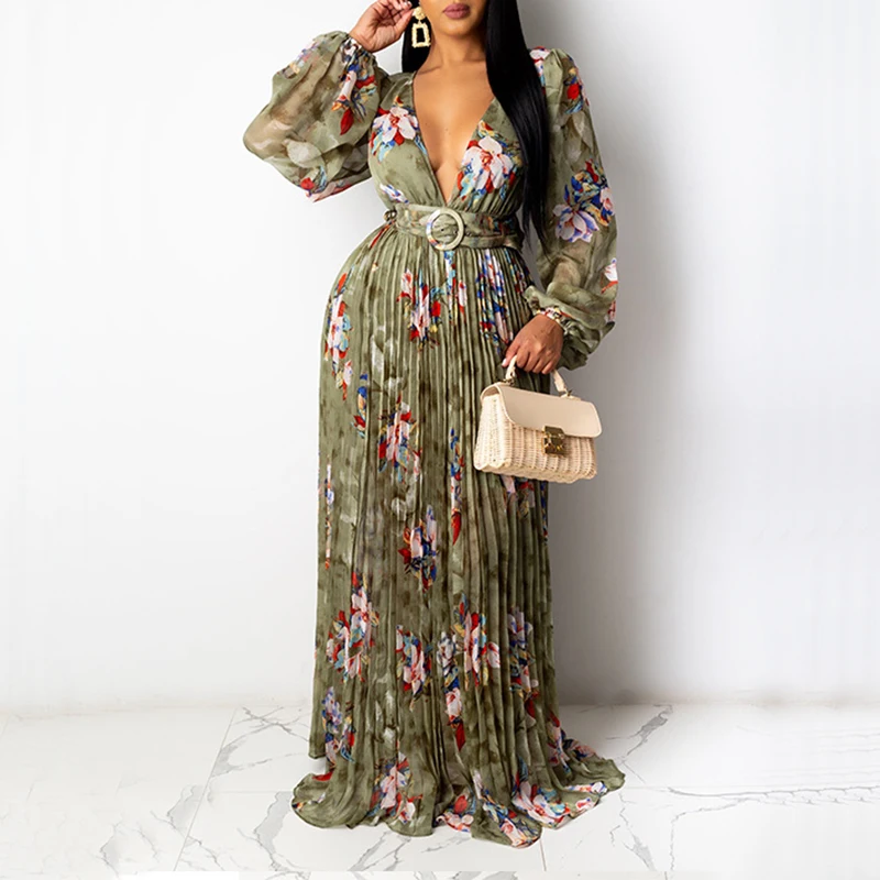 

Women's V Neck Spring Pleated Dress Vintage Floral Print Long Dress Female Casual Loose Elegant Chic Party Club Beach Vestidos