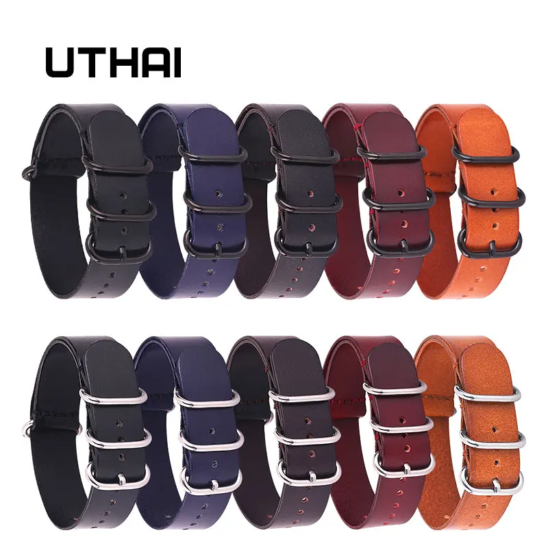 Ремешок UTHAI Z19 для наручных часов в стиле НАТО кожаный серебристый браслет с