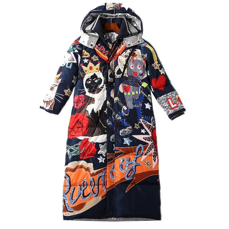 Женские пуховики куртки с принтом в виде мультяшных котов и цветов 2019 Осень-зима