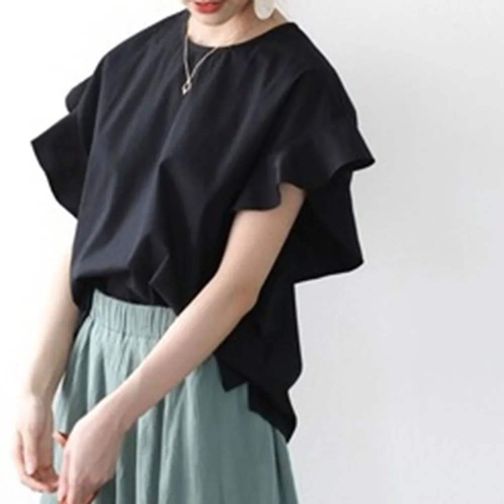 

2021 Summer New Women's Blouse Japanese Style Korean Fashion Solid Color Round Neck Lotus Sleeve Casual Temperament Loose