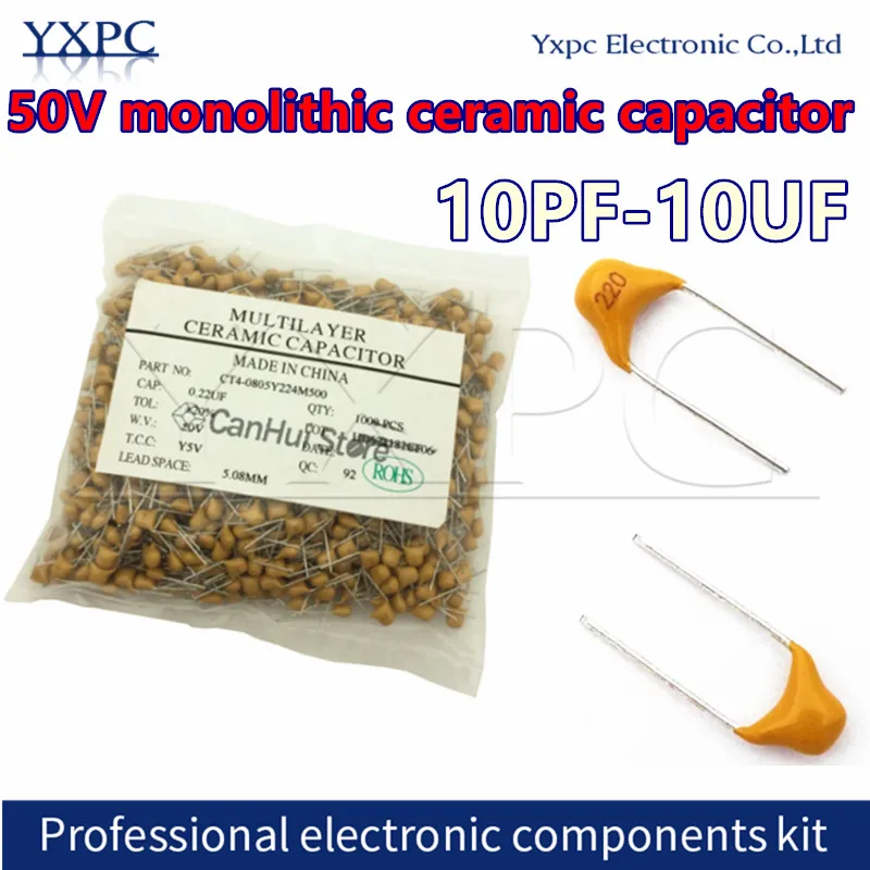 

1000pcs 50V monolithic ceramic capacitor 10PF ~ 10UF 22PF 47NF 220NF 1NF 4.7UF 1UF 100NF 330NF 0.1UF 102 104 105 106 103 473 334